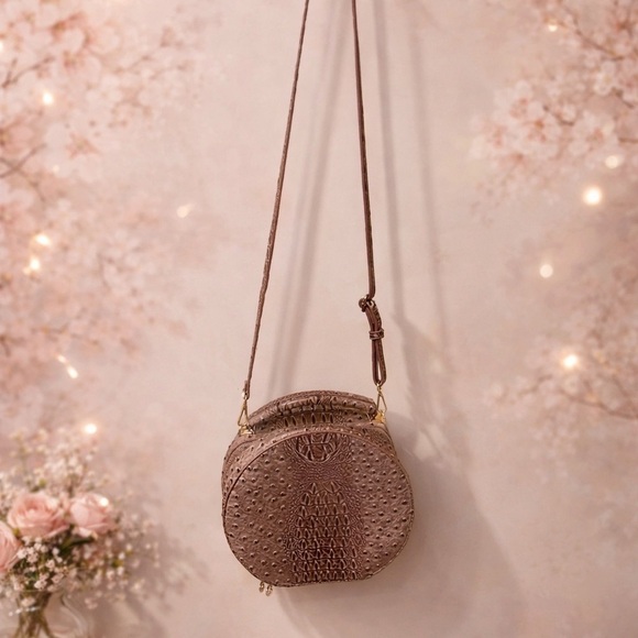 Handbags - Round Croc-Embossed Crossbody Bag | Brown Ostrich Texture | Top Handle & Strap